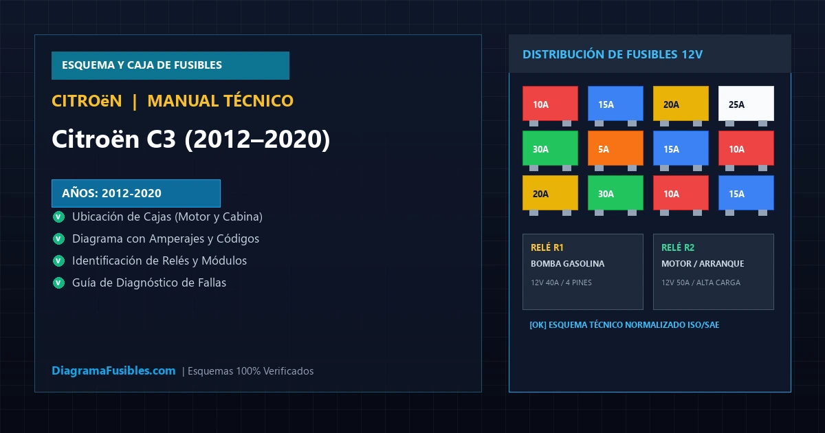 Diagrama de fusibles Citroën C3 (2012–2020)