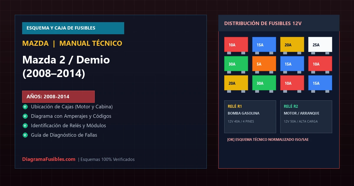 Diagrama de fusibles Mazda 2 / Demio (2008–2014)