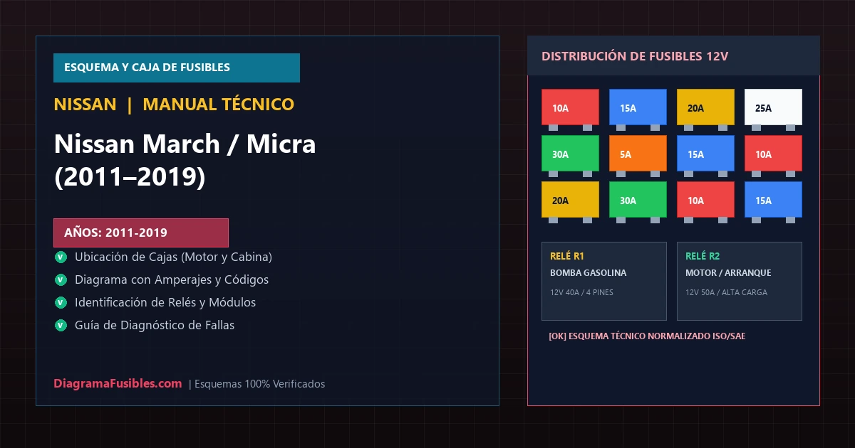Diagrama de fusibles Nissan March / Micra (2011–2019)