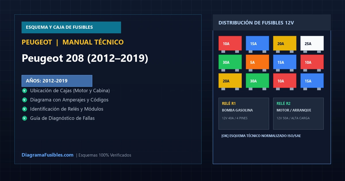 Diagrama de fusibles Peugeot 208 (2012–2019)