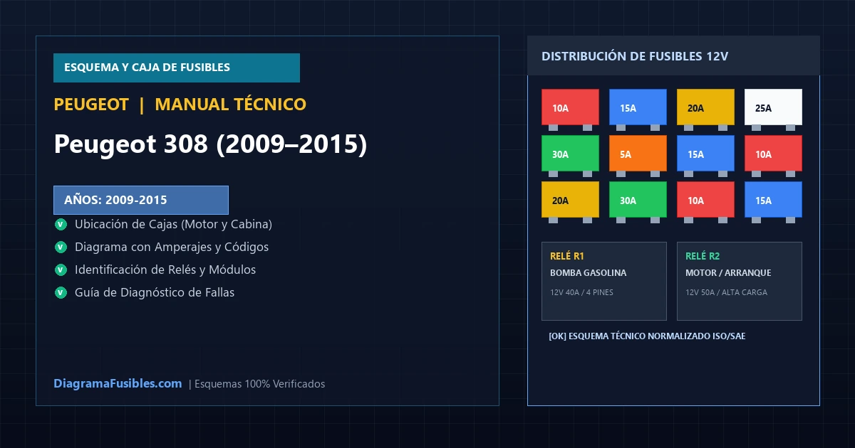 Diagrama de fusibles Peugeot 308 (2009–2015)